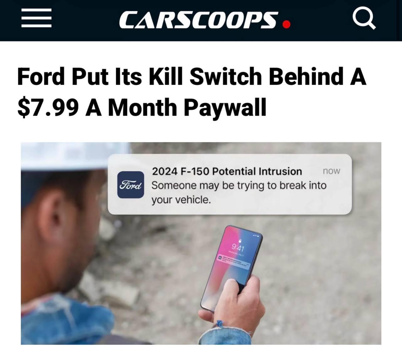 Ford придумал новую защиту от угонщиков по ПОДПИСКЕ. За $8 в месяц владельцы смогут удалённо заглушить двигатель авто, если его попытаются угнать.