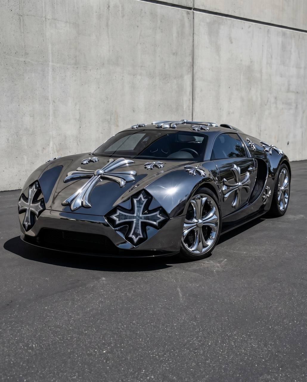Chrome Hearts скрестили с Bugatti Veyron 16.4 — правда, пока только в виде концепта. Кузов покрыли фирменными крестами бренда, добавили хромированные детали и кастомную оптику.