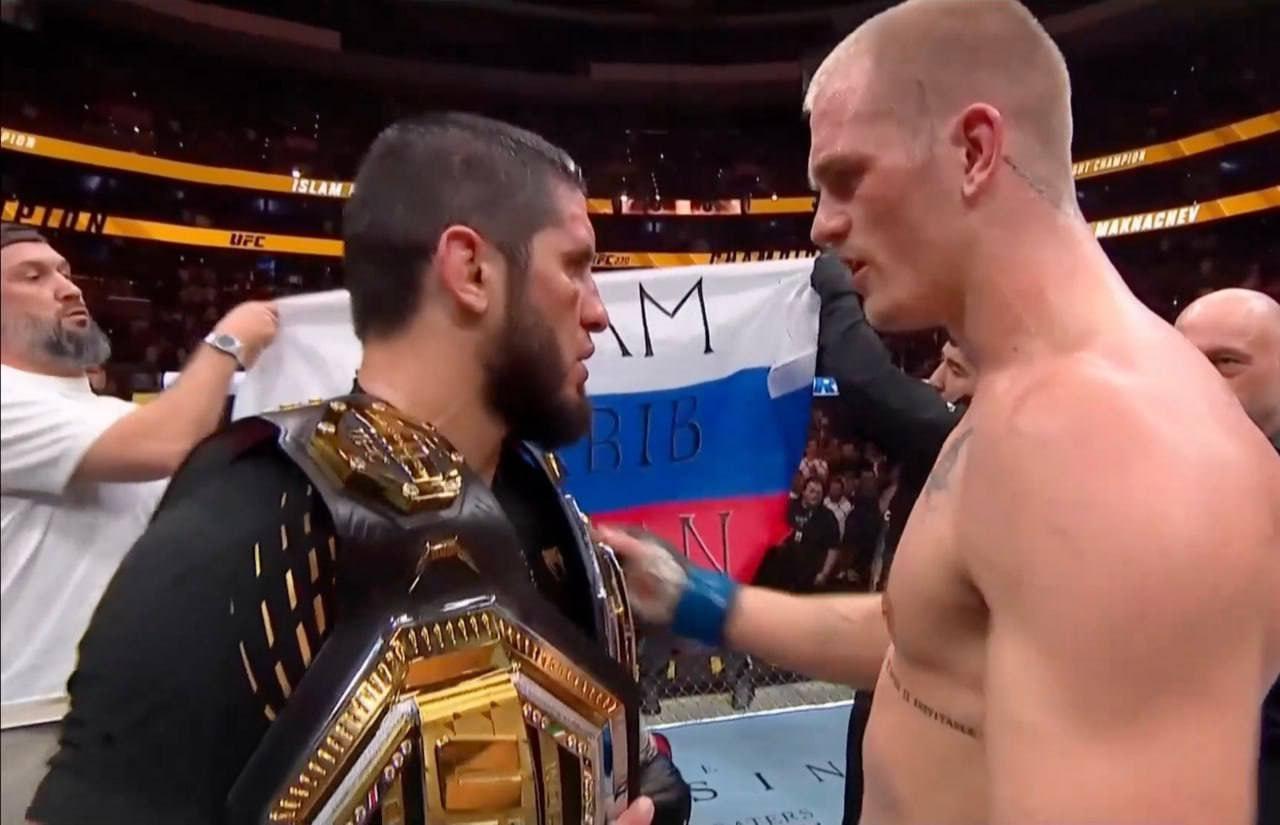Российский боец Ислам Махачев защитил пояс UFC и поднял флаг России