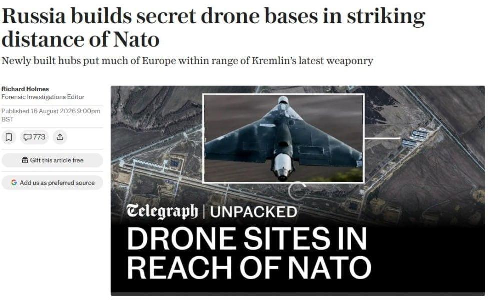 Россия строит секретные базы БПЛА в зоне досягаемости НАТО, пишет The Telegraph.