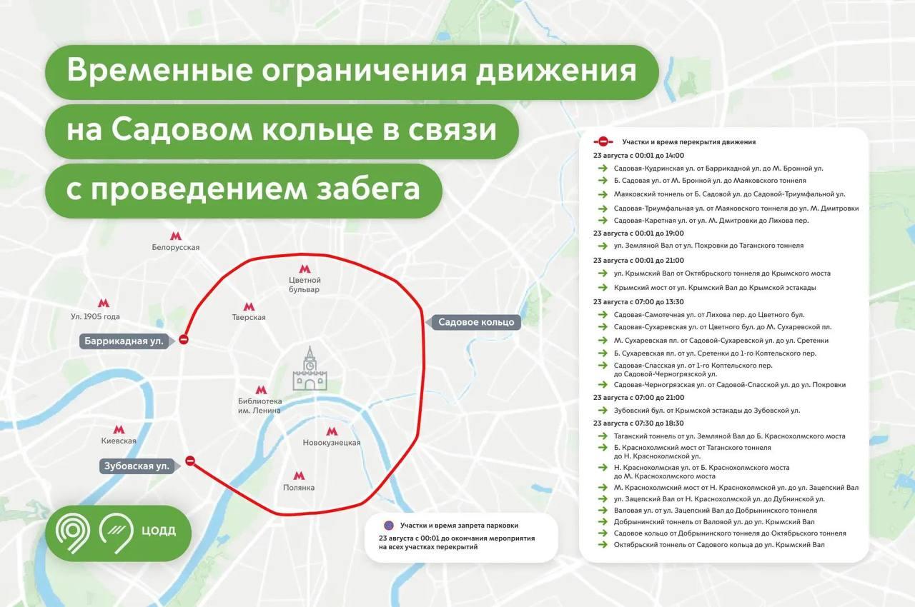 Садовое кольцо в Москве перекроют почти на сутки из-за забега.