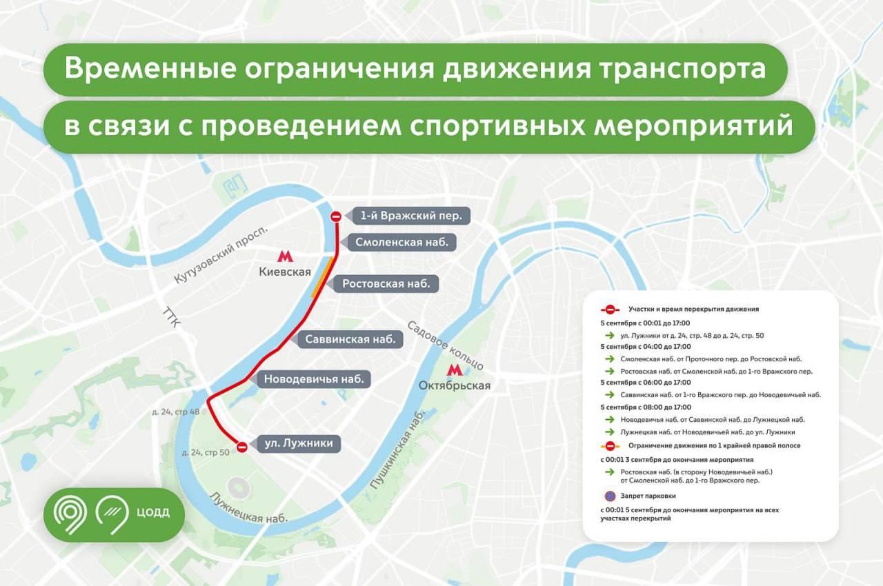 В Москве 2 сентября перекроют несколько центральных набережных в связи с...