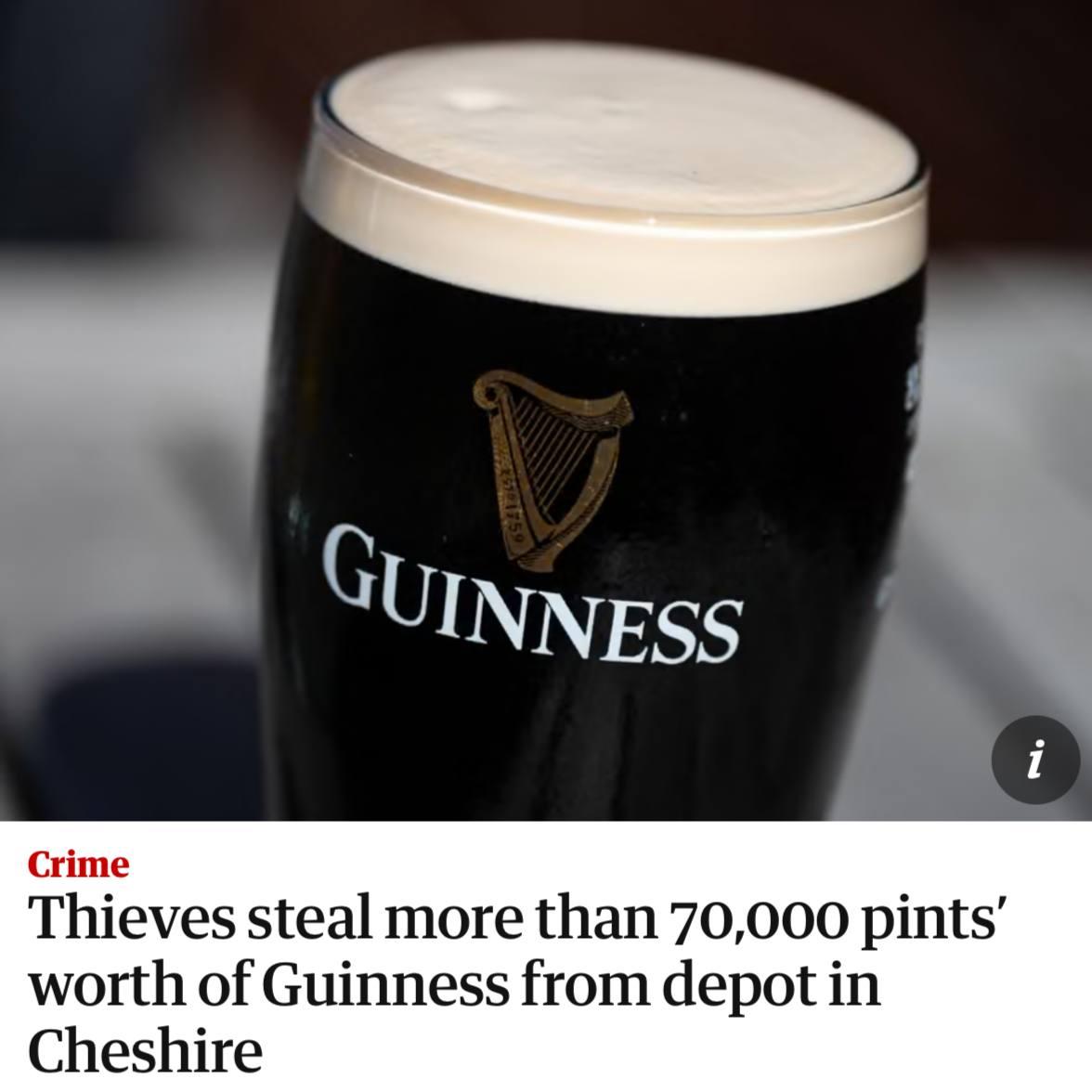 Неизвестные украли 70 000 пинт Guinness — воры обнесли склад компании в Великобритании.