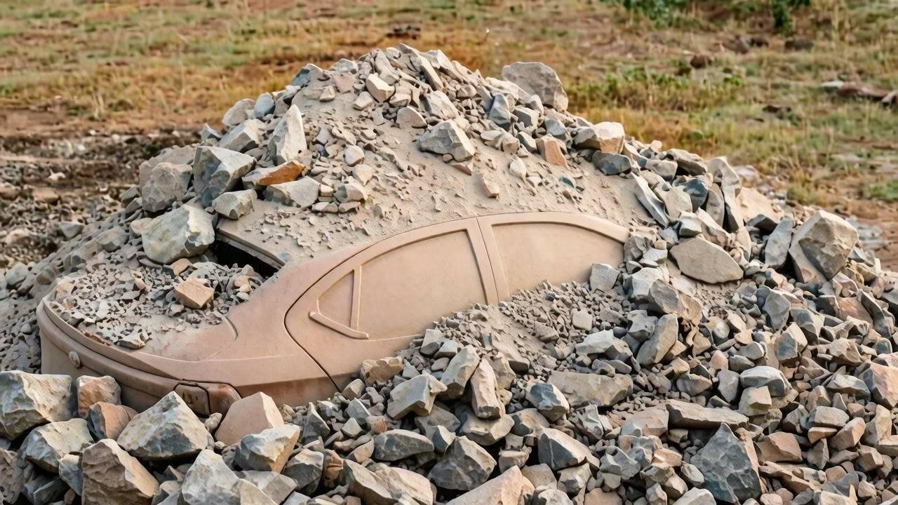 Индийцы устроили седану Tata Aeris краш-тест на максималках — на машину высыпали сразу 20 тонн гравия.