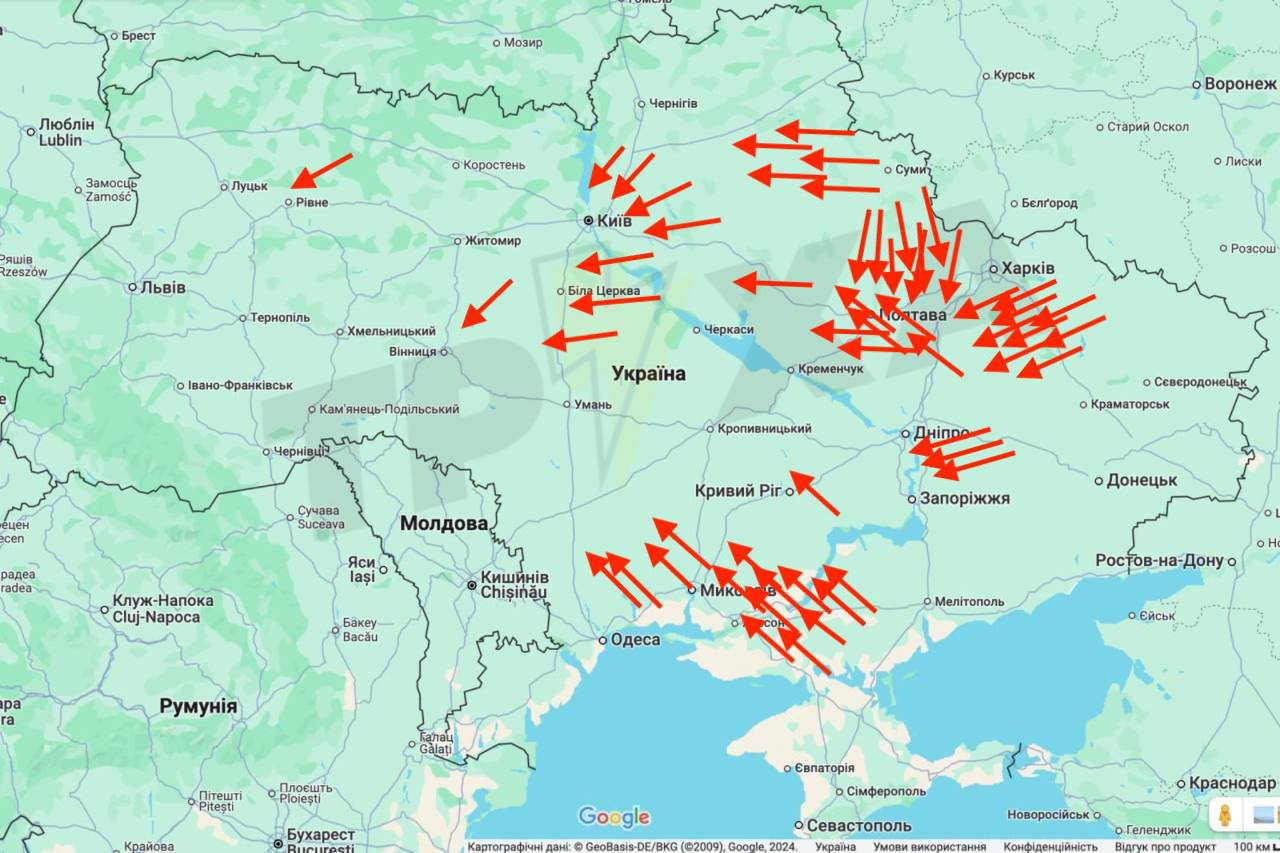 Более 70 БПЛА сейчас находятся над Украиной, 10 ТУшек выстраиваются в боевые порядки, в море вышли наши ракетоносители. 