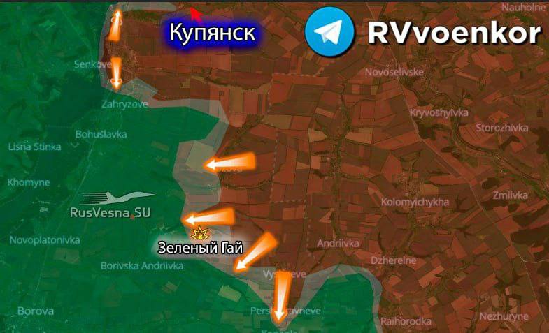 Армия России наступает у Купянска, пробив оборону врана на 2,5 км и выйдя к Зелёному Гаю.