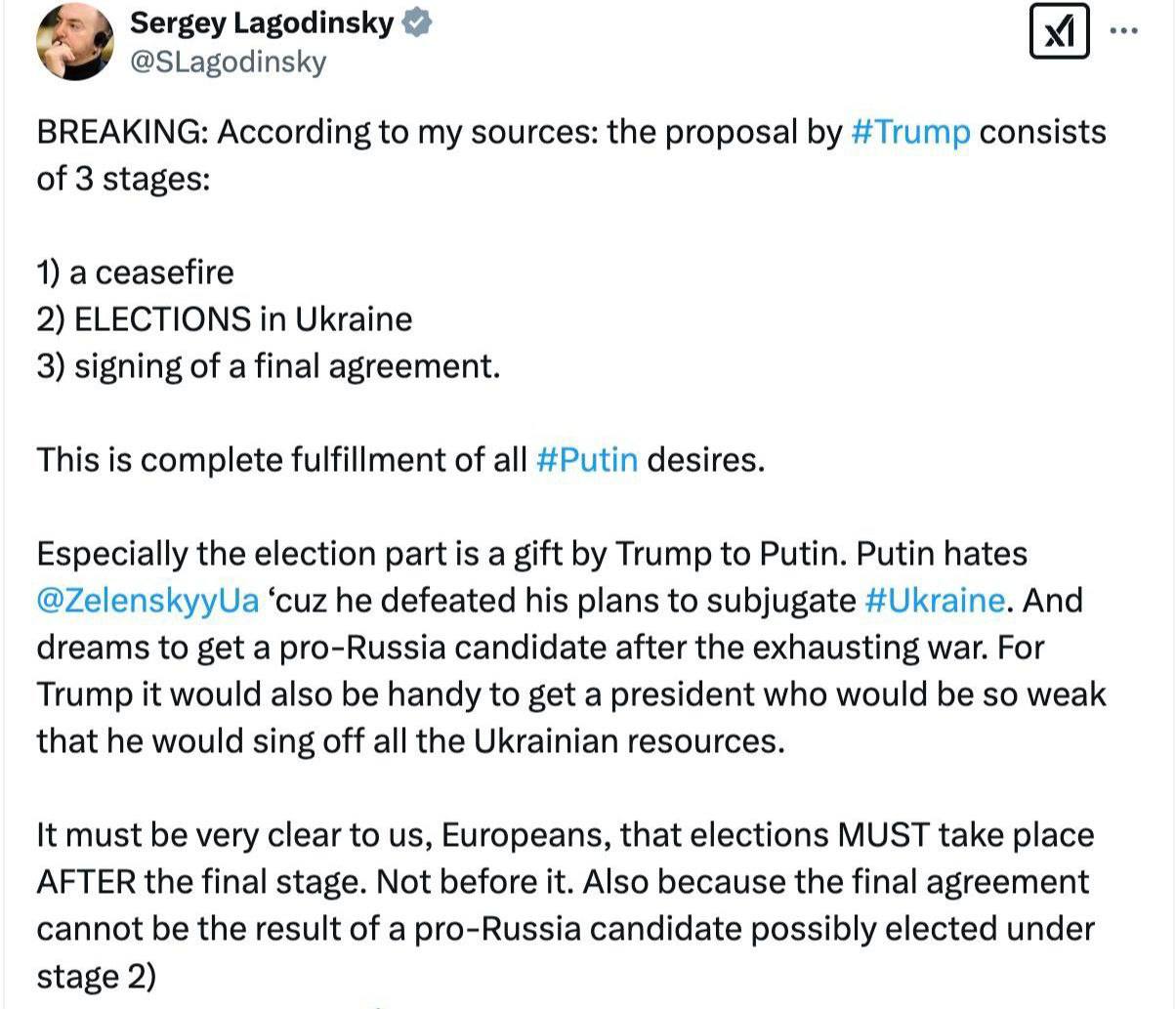 Трамп предлагает сначала объявить прекращение огня на Украине, затем провести выборы и только потом подписать окончательное соглашение уже новым президентом Украины.