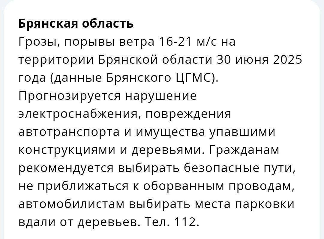 Штормовой ветер и грозу обещают завтра в Брянской области
