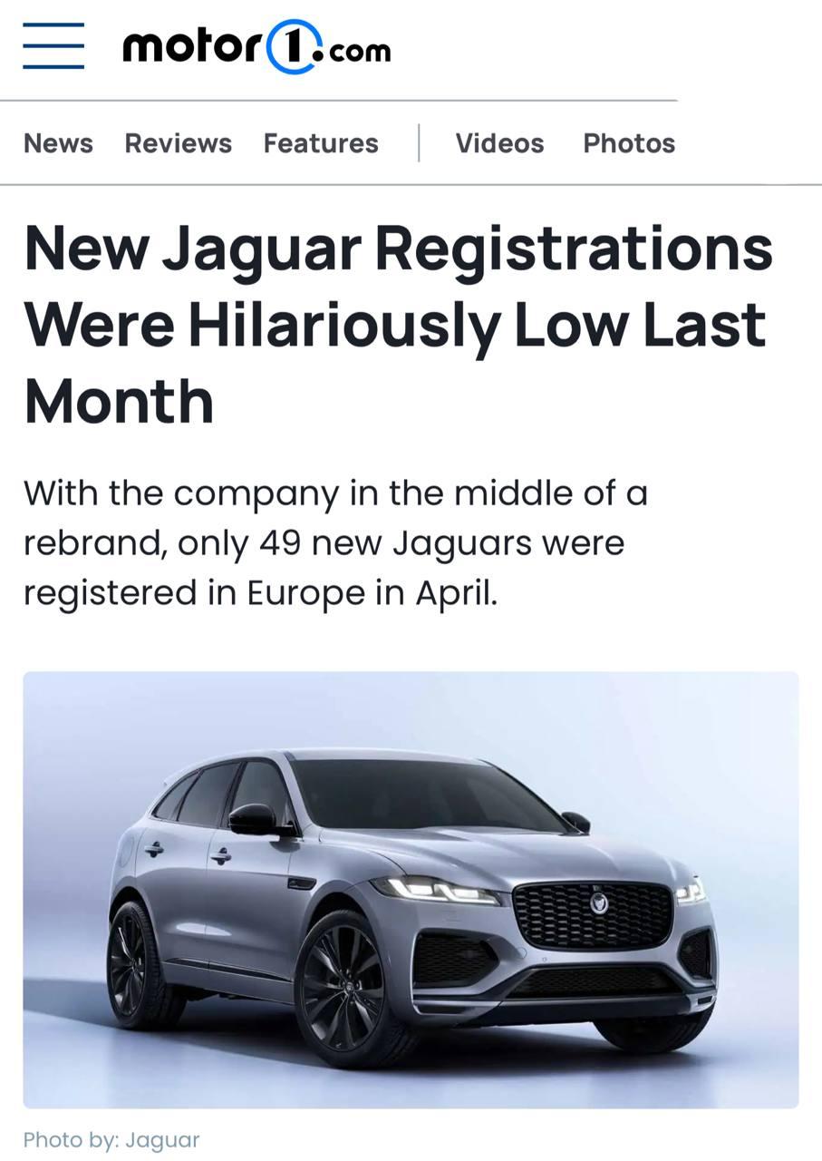 Jaguar — ВСЁ: продажи британской марки обвалились на 98% после скандального ребрендинга. В 2025 году в Европе зарегистрировали всего 49 (!) новых автомобилей.