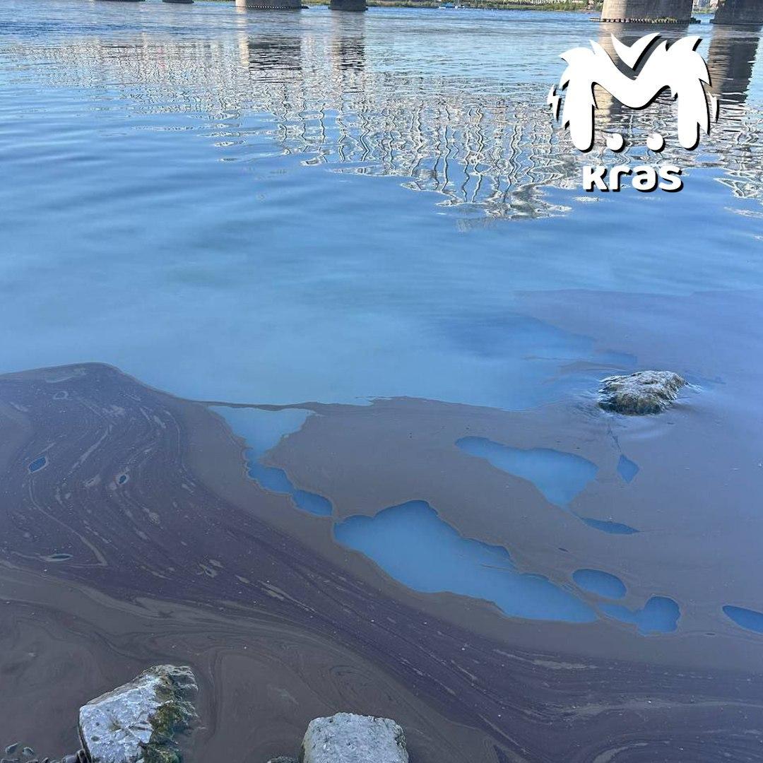 Мазутную плёнку заметили около Николаевского моста на Енисее. Пятна...