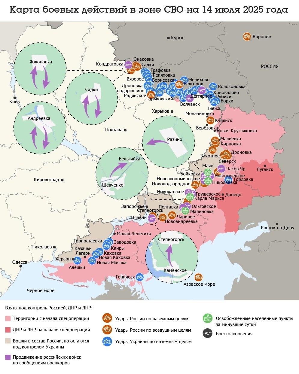 Карта боевых действий в зоне СВО на 14 июля 2025 года