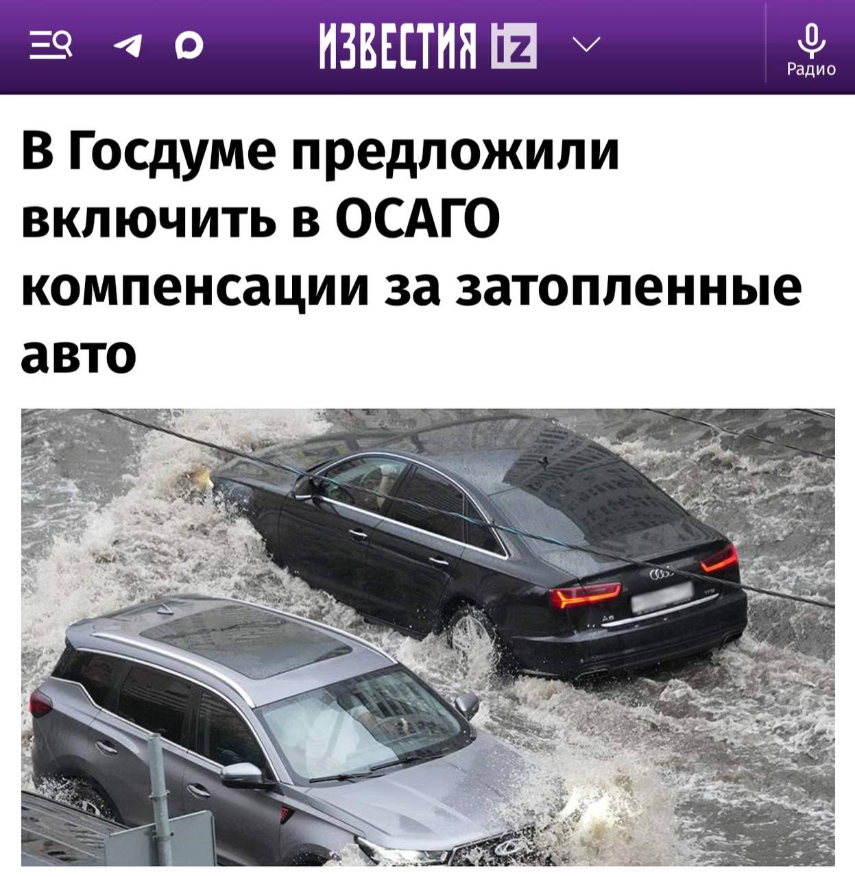В Госдуме хотят обязать ОСАГО покрывать ущерб от затоплений.