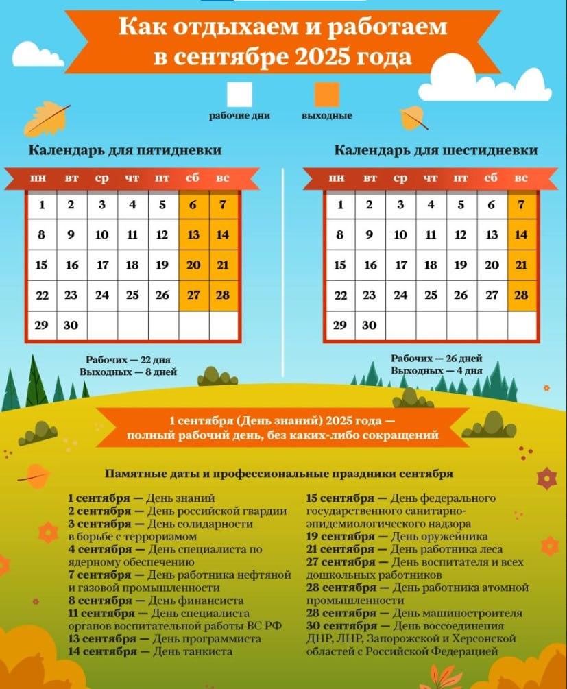 Как отдыхаем и работаем в сентябре 2025 года