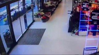 Дикая свинья увидела супермаркет в Европе и ворвалась в него, вышибив дверь