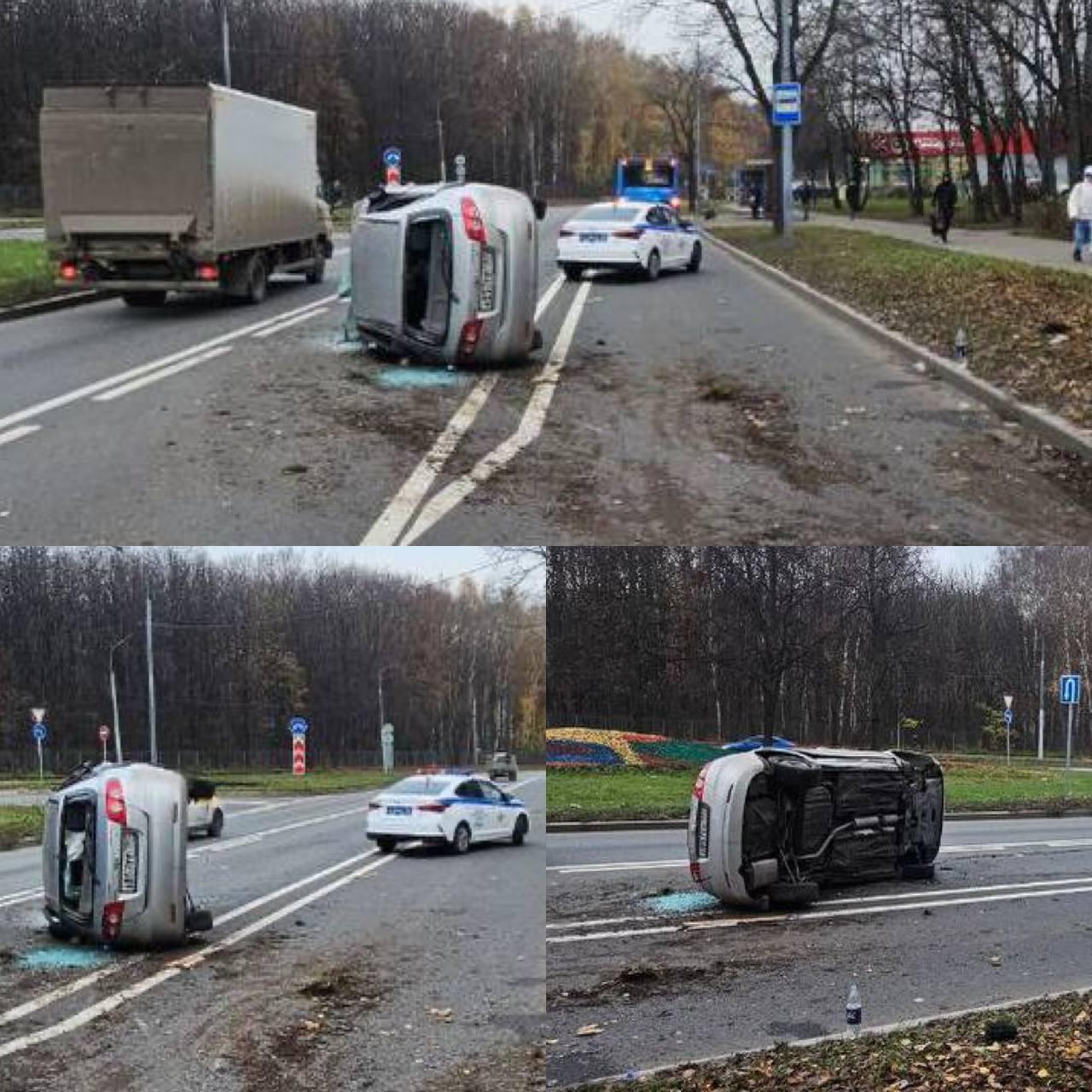 Легковой автомобиль перевернулся на бок прямо посреди дороги на востоке Москвы.